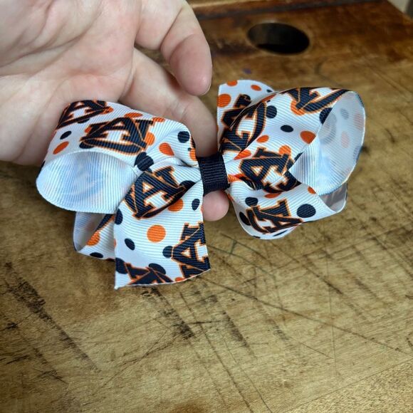 Auburn University War Eagle Orange & Blue Alligator Clip Hair Bow preworn 4" - Picture 3 of 5